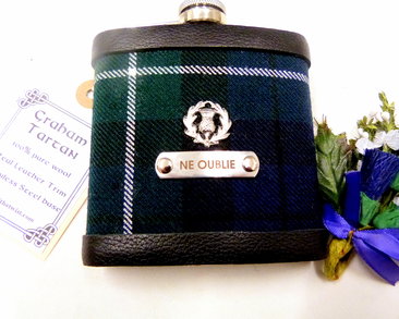 Graham Clan tartan flask with family Motto