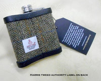 Hip flask set with Scottish thistle in Harris Tweed  olive green traditional herringbone Scottish gift
