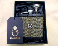 Hip flask set with Scottish thistle in Harris Tweed  olive green traditional herringbone Scottish gift