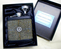 Hip flask set with Scottish thistle in Harris Tweed  olive green traditional herringbone Scottish gift