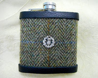 Hip flask set with Scottish thistle in Harris Tweed  olive green traditional herringbone Scottish gift