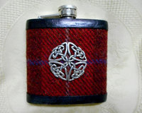 Harris Tweed Celtic red brown and blue hip flask, mens Scottish gift , ideal for best man ,usher, groomsman at weddings, or birthday present, made in Scotland  UK