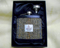 Harris Tweed hip flask with traditional brown beige blue herringbone mens gift for retirement best man usher groomsman or birthday made in Scotland