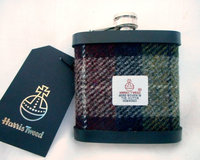 Harris Tweed hip flask deep red olive green and black mens gift made in scotland, ideal retirement birthday christmas present.