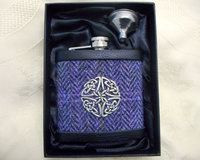 Purple heather Harris Tweed hip flask with celtic knot, herringbone weave,  mens gift retirement , Christmas,  birthday Scottish gift  made in Scotland