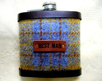 Harris Tweed hip flask Best Man Rustic wedding gift blue and yellow check rural  forest or woodland wedding leather trimmed country theme