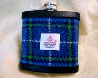 Harris Tweed hip flask in blue white and green plaid , made in Scotland, Scottish gift for best man, usher, groomsman, birthday or christmas