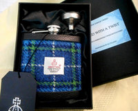 Harris Tweed hip flask in blue white and green plaid , made in Scotland, Scottish gift for best man, usher, groomsman, birthday or christmas