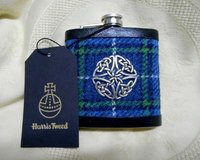 Harris Tweed hip flask in Isle of Harris tartan with Celtic knot , Scottish Christmas gift, or best man usher groomsman wedding favour,retirement or birthday, made in Scotland  UK