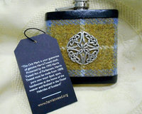 Harris Tweed hip flask blue mustard with Celtic knot  best man usher groomsman or birthday gift for him made in Scotland  UK