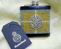 Harris Tweed hip flask blue mustard with Celtic knot  best man usher groomsman or birthday gift for him made in Scotland  UK