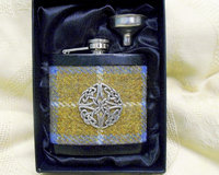 Harris Tweed hip flask blue mustard with Celtic knot  best man usher groomsman or birthday gift for him made in Scotland  UK