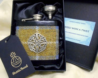 Harris Tweed hip flask blue mustard with Celtic knot  best man usher groomsman or birthday gift for him made in Scotland  UK