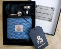 Harris Tweed hip flask  blue herringbone weave,  mens gift for retirement, wedding, Best Man , Usher , Groomsman or birthday made in Scotland  UK