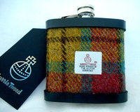 Harris Tweed hip flask Ancient weathered Buchanan colours, yellow green and rose red plaid  made in scotland