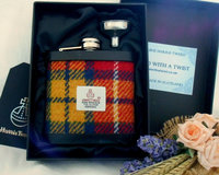 Harris Tweed hip flask Ancient weathered Buchanan colours, yellow green and rose red plaid  made in scotland