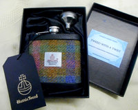 Harris Tweed hip flask blue pink green  with real leather trim made in Scotland  UK