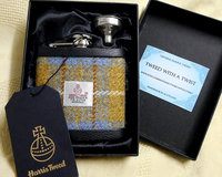 Harris Tweed hip flask mustard blue and russet mens gift