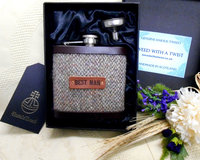Best Man wedding gift Harris Tweed hip flask oatmeal beige brown , rustic rural  forest or woodland theme leather trimmed