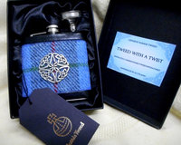 Celtic knot hip flask with blue, green and grey Harris Tweed , an ideal mens gift for christmas or birthday or a present for best man,  usher or groomsman