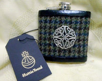 Hip flask in blue green brown Harris Tweed with celtic knot,  a great Best Man or Groomsman gift at weddings, retirement, Christmas or birthday present