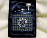 Hip flask in blue green brown Harris Tweed with celtic knot,  a great Best Man or Groomsman gift at weddings, retirement, Christmas or birthday present