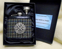 Hip flask in blue green brown Harris Tweed with celtic knot,  a great Best Man or Groomsman gift at weddings, retirement, Christmas or birthday present