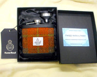 Harris Tweed hip flask russet brown green tartan luxury Scottish gift