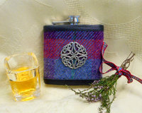 Harris Tweed hip flask blue red purple with Celtic knot made in Scotland  UK