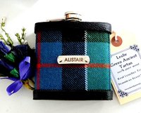 Clan or family tartan hip flask with stainless steel engraved tag with name, initials,  date, motto etc. of your choice