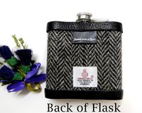 Harris Tweed Hip Flasks traditional Herringbone custom engraved name and thistle Best Man Father of Bride or groomsmen gifts in sets of 3-6