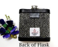 Harris Tweed Hip flask with hand embossed initials on brown leather tag in a choice of 30 different  colours unique personalised gift for Christmas, birthday, Best Man