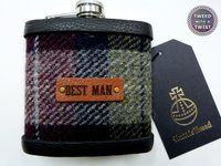 Harris Tweed Hip Flasks with standard leather labels in sets of 3-6 for Best Man, Usher, Father of Bride or groomsmen, etc. Scottish luxury gift