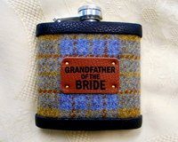 Harris Tweed Hip Flasks with standard leather labels in sets of 3-6 for Best Man, Usher, Father of Bride or groomsmen, etc. Scottish luxury gift