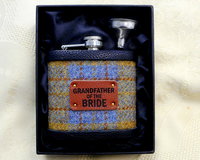 Grandfather of the Bride Harris Tweed hip flask , choose any tweed with leather label,  wedding gift or favour, Made by Tweed with a Twist,  in Scotland, Scottish rural  theme