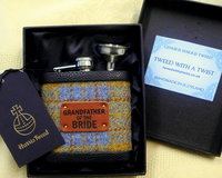 Grandfather of the Bride Harris Tweed hip flask , choose any tweed with leather label,  wedding gift or favour, Made by Tweed with a Twist,  in Scotland, Scottish rural  theme