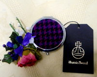 Purple Pink and black Compact Mirror  Harris Tweed,  Scottish womens gift,  for mother, sister, teacher or best friend handbag or pocket accessory, round silver plated made in Scotland UK