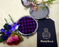 Purple Pink and black Compact Mirror  Harris Tweed,  Scottish womens gift,  for mother, sister, teacher or best friend handbag or pocket accessory, round silver plated made in Scotland UK