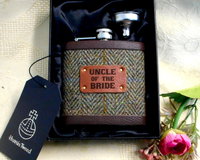Uncle of the Bride or Groom Harris Tweed hip flask with leather trim, choice of many tweeds, personalized wedding gift