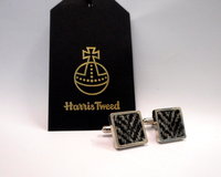 Harris Tweed square cuff links in traditional grey and black herringbone weave mens gift made in Scotland ideal for weddings