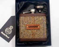 Gift for Grandad Harris Tweed hip flask  for Christmas , birthday Scottish luxury gift for him with real leather label choose any tweed