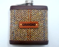 Gift for Grandad Harris Tweed hip flask  for Christmas , birthday Scottish luxury gift for him with real leather label choose any tweed