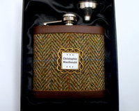 Personalised Harris Tweed hip flask with name in celtic setting, Scottish luxury gift for Christmas , unique gift for birthday, retirement , monogrammed flask