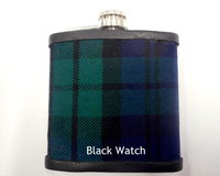 Hebridean Thistle tartan hip flask with thistle and stainless steel tag engraved with personalisation initials, name, date, motto etc. of your choice