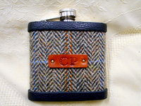 Personalised Monogrammed Harris Tweed hip flask with 1-3 initials Scottish luxury gift for Christmas , birthday, Fathers Day or retirement choose any tweed