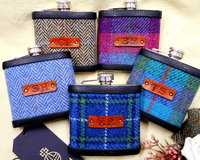 Personalised groomsmens Monogrammed Harris Tweed hip flasks with 1-3 initials on brown leather for Best Man or Ushers at wedding , Father of the Bride or Groom