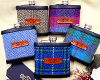 Personalised Monogrammed Harris Tweed hip flask with 1-3 initials Scottish luxury gift for Christmas , birthday, Fathers Day or retirement choose any tweed