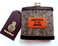 Harris Tweed Hip Flasks with standard leather labels in sets of 3-6 for Best Man, Usher, Father of Bride or groomsmen, etc. Scottish luxury gift