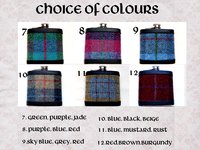 Harris Tweed hip flask in choice of  30 patterns and colours with Orb label handmade in Scotland using handwoven tweed and real leather trim