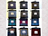 Harris Tweed hip flask in choice of  30 patterns and colours with Orb label handmade in Scotland using handwoven tweed and real leather trim